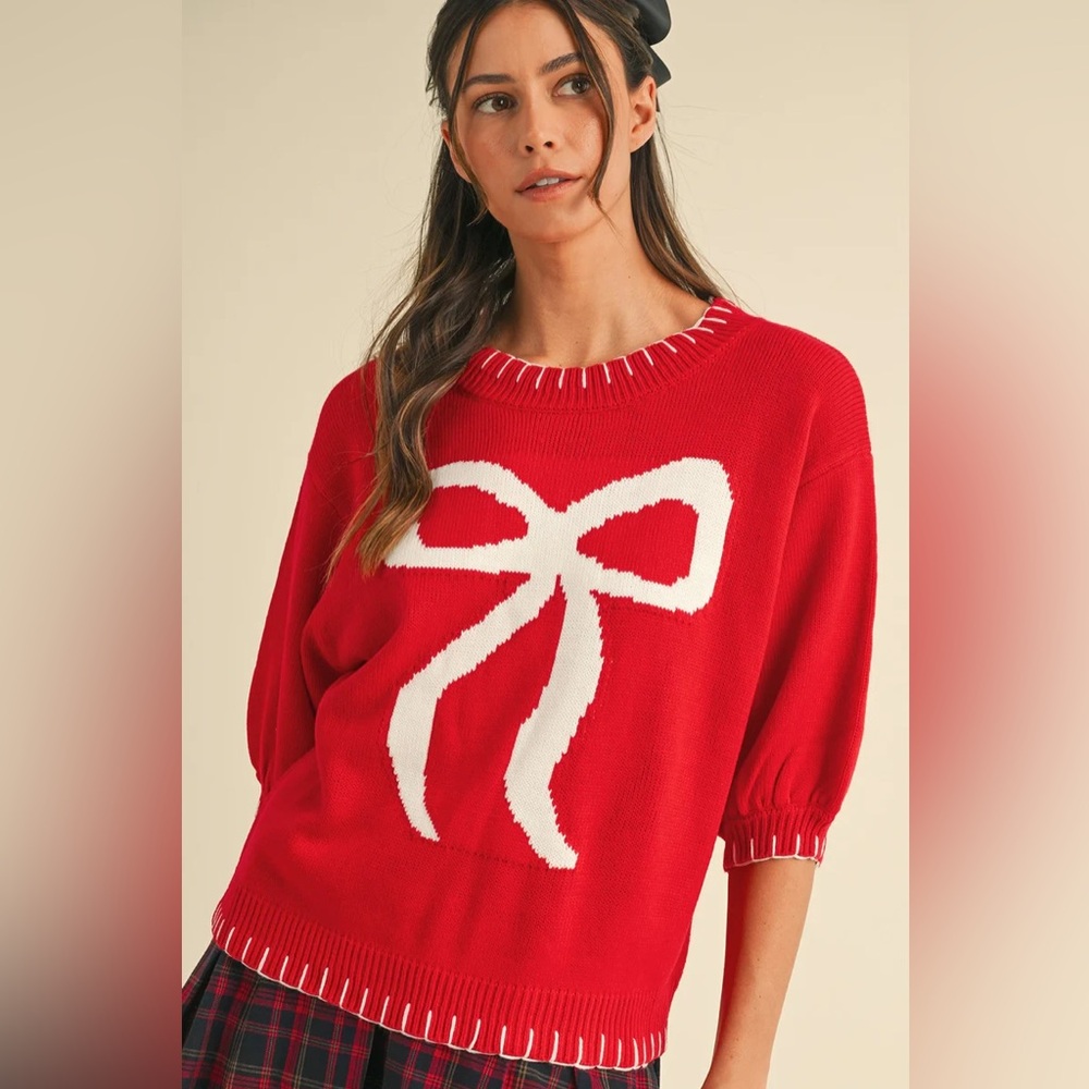 Anniewear‎ Bow Blanket Stitch Detail Sweater Top